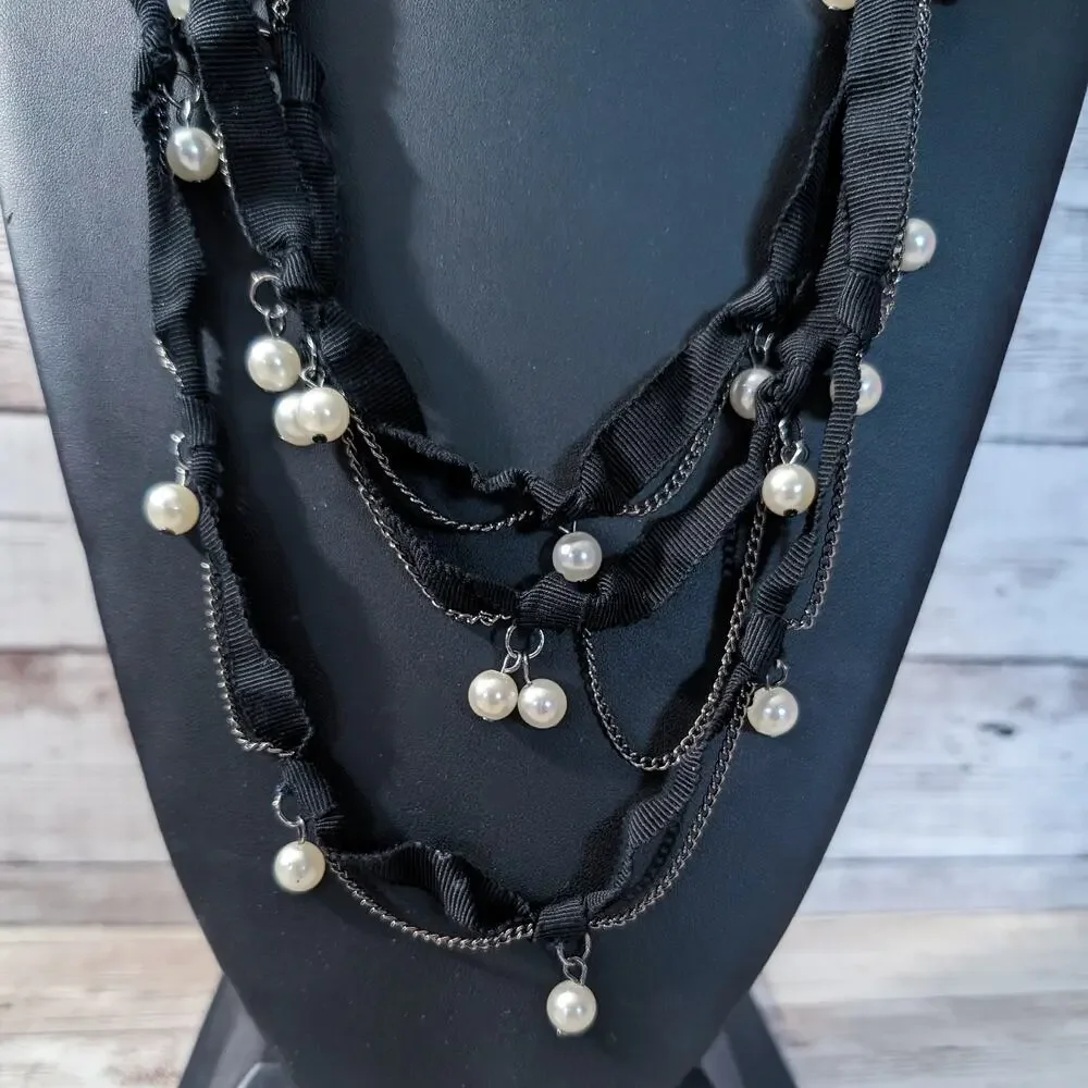 Vintage Statement Necklace Chain & Ribbon Black, Dark Metal, Faux Pearl Layered